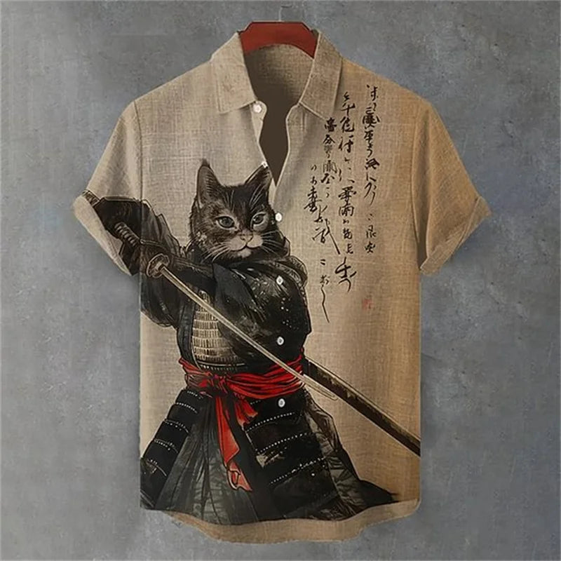 Men's Fun Black Cat Warrior Art 3D Animal Printed Casual Shirt Summer Men's Short sleeved Shirt Hawaiian Top