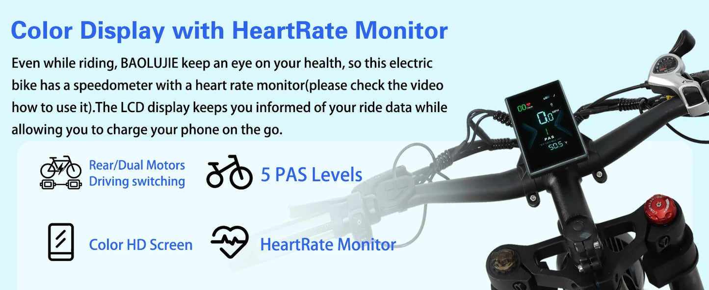 BAOLUJIE 1200W/5000W Ebike Mountain Ebike Fat Tire 48V/52V Battery Electric Bicycle Max 38MPH Electric Bike for Adults Off-road