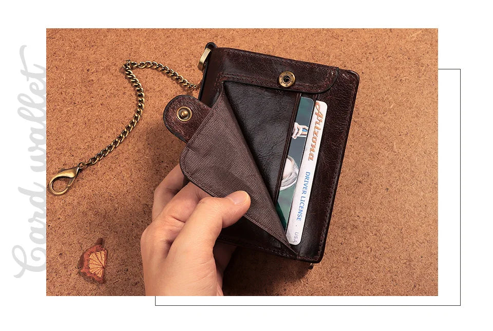Real Leather Wallet for Men RFID Blocking Credit Card Holder Purse Male Short Bifold Zipper Coin Pocket with Anti-Theft Chain