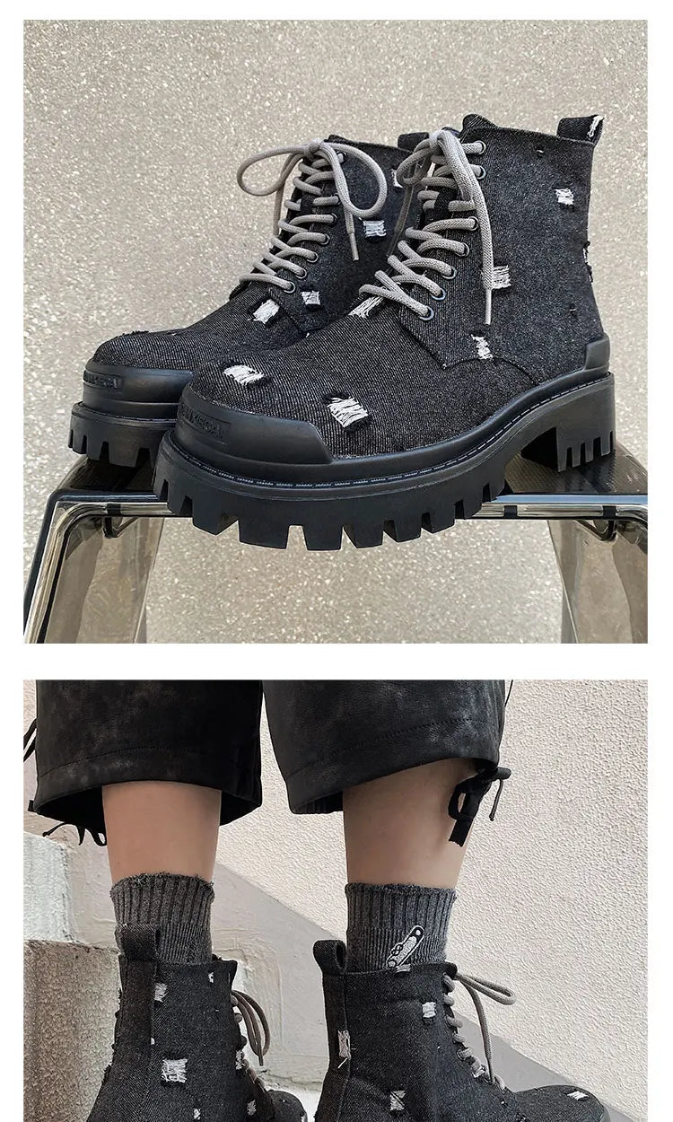 Mating boots for men new design black washed denim canvas short boots distressed style thick soled shoes Street Style