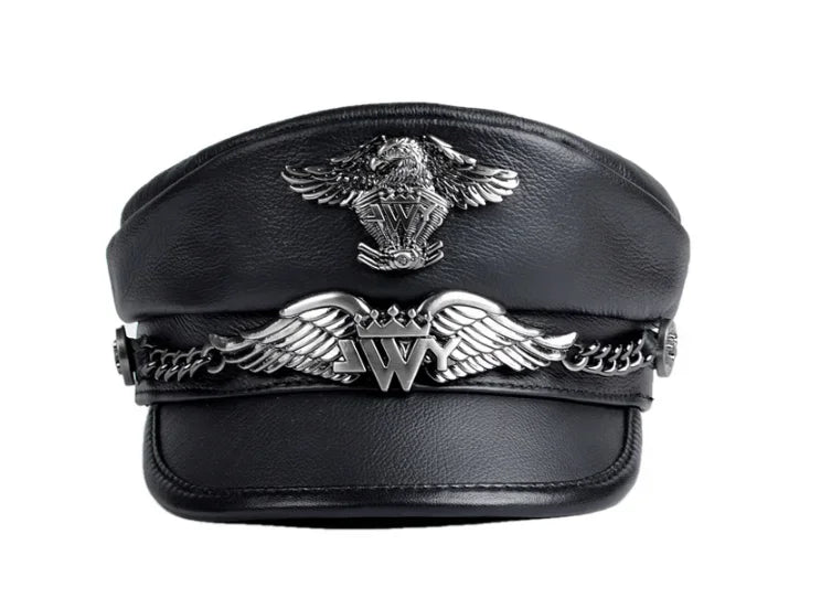 Unisex German Military Cap Man Genuine Leather Flat Top Hat Korean Fashion Eagle Mark Chain Punk Locomotive Casquette Male