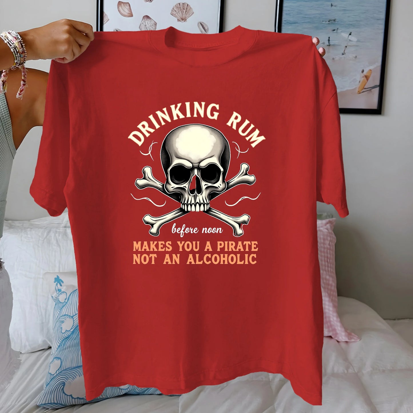 Skull DRINKING RUM pirate theme  pure cotton women's Tshirt comfort fit
