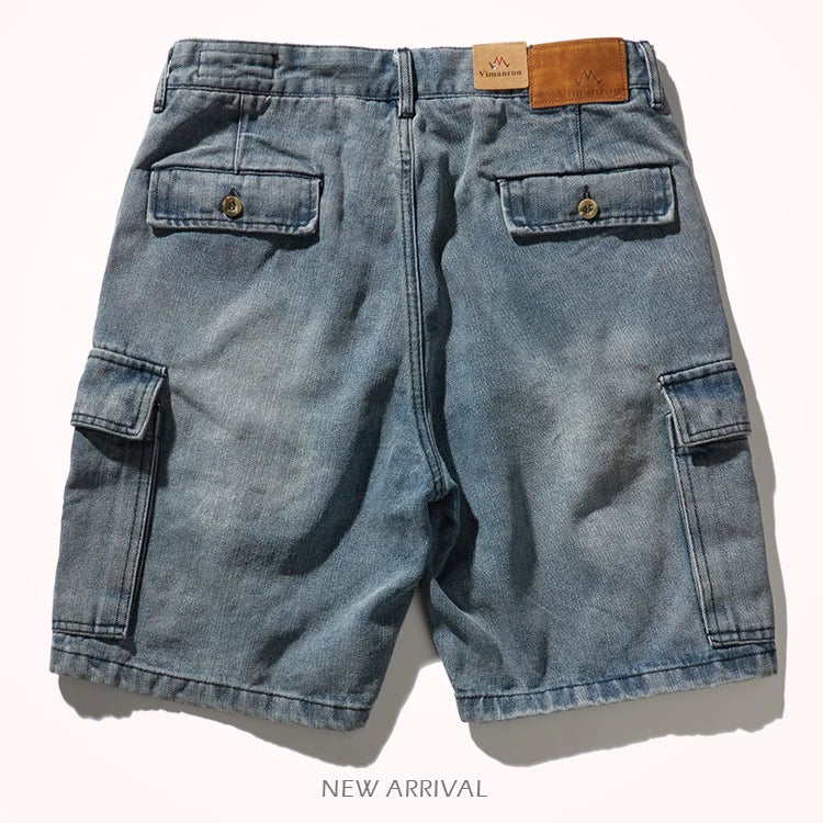 Shorts for denim men's tooling, cat's whiskers, straight pants, old retro pants, versatile multi-bag pants.