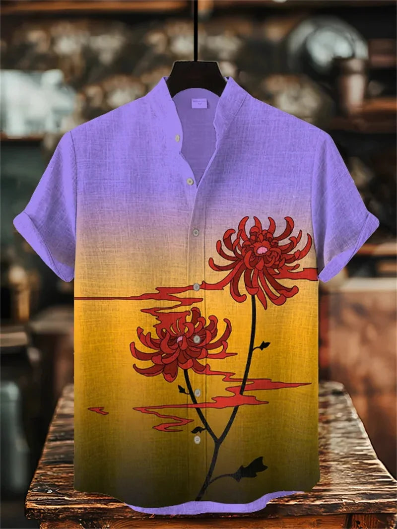 Men's Cat Ocean Art Shirt 3D Floral Print Casual Linen Hawaiian Shirt Summer Men's Short Sleeve Shirt Beach Top