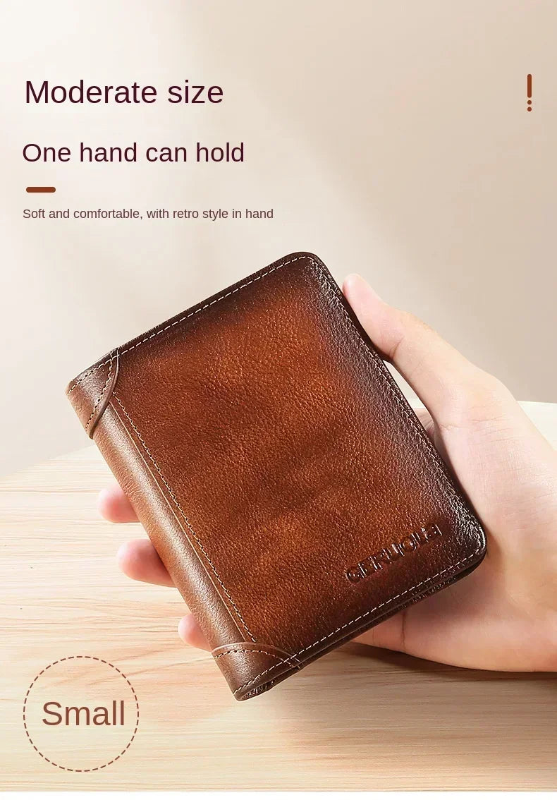 Men Wallet Genuine Leather Rfid Blocking Trifold Wallet Vintage Thin Short Multi Function ID Credit Card Holder Male Purse Money