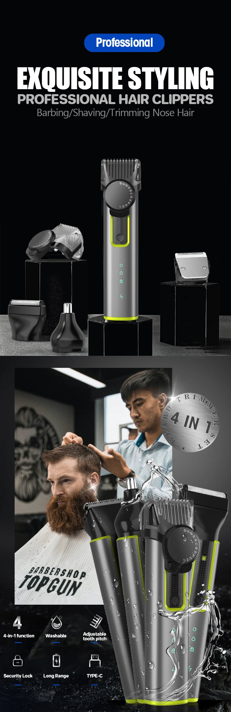 Beard Trimmer for Men Adjustable Hair Clippers Electric Cordless Kit Waterproof Professional Barbers Set Mens Mustache Trimmers