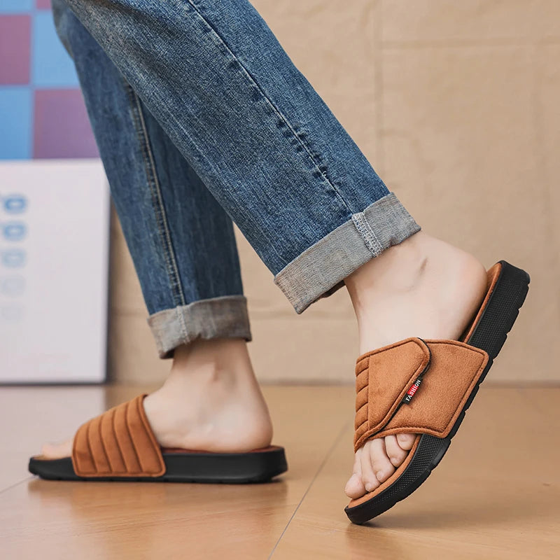 Men's Fashion Slippers Solid Color Flat Heel Retro Style Solid Color Ultra-light Soft Sole Silent Home Suede Casual Shoes