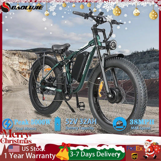 BAOLUJIE Peak 5000W Electric Bikes for Adults，Electric Dirt E Bike，26 Inch Fat Tire Dual Motor Ebike Mountain Electric Bicycle