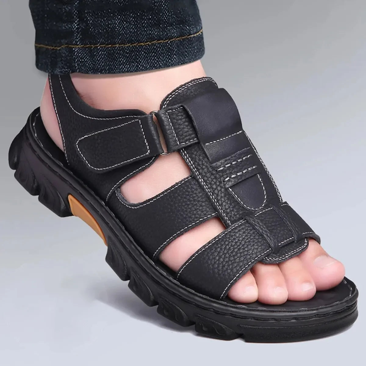 Men's Sandals Adjustable Solid Color Shoes Summer Casual Comfort with Durable Rubber Sole, Breathable PU for Outdoor Walking