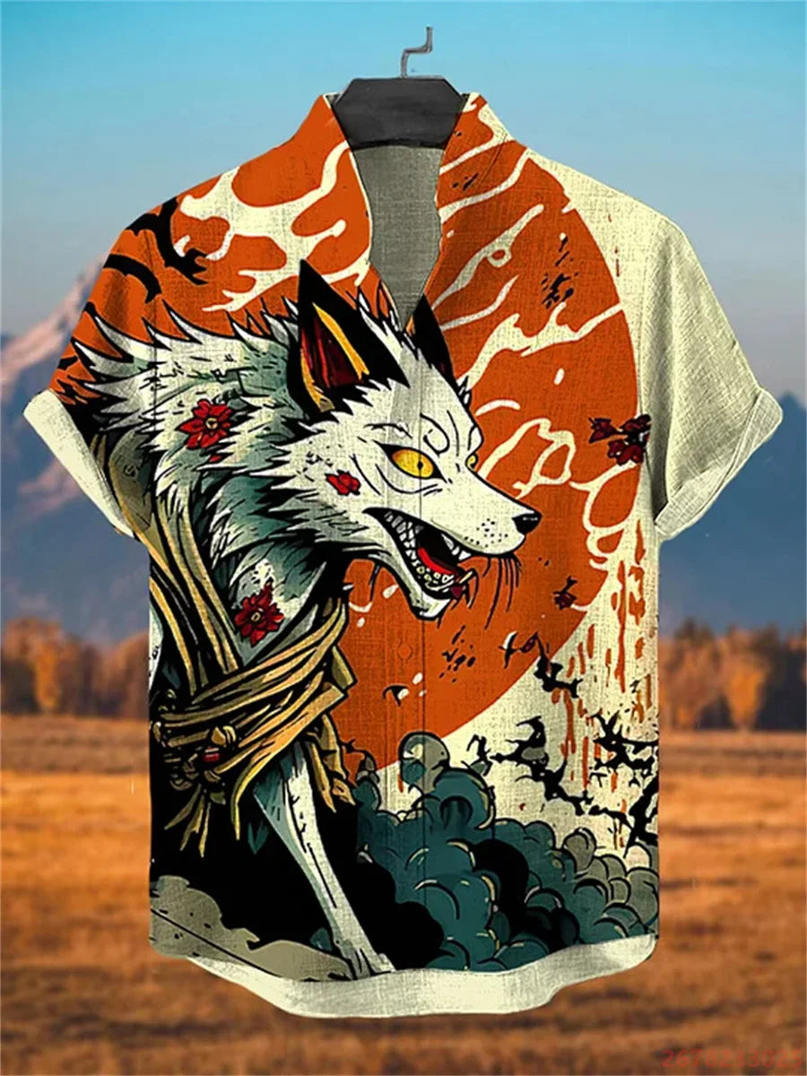 2026 New Japanese Style White Wolf Print Short-Sleeve Shirt for Men, Retro Trendy Anime Style Fashionable Cardigan Vacation Top