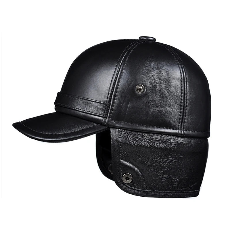 High Quality Genuine Leather Hats Winter First Layer Cowhide Warm Earmuffs Bomber Caps Plus Velvet Thicken Man Bone Caps Dad Hat