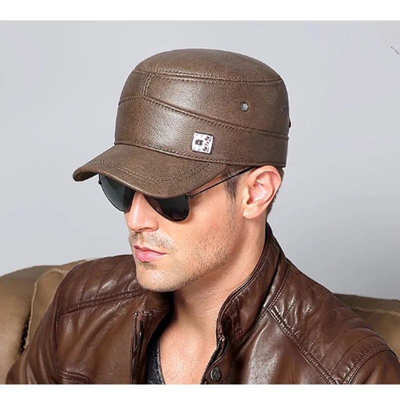 2025 New Men Spring/Winter Real Leather Black/Brown Flat Baseball Caps Male 54-62 cm Customized Size Outdoor Snapback Golf Hat