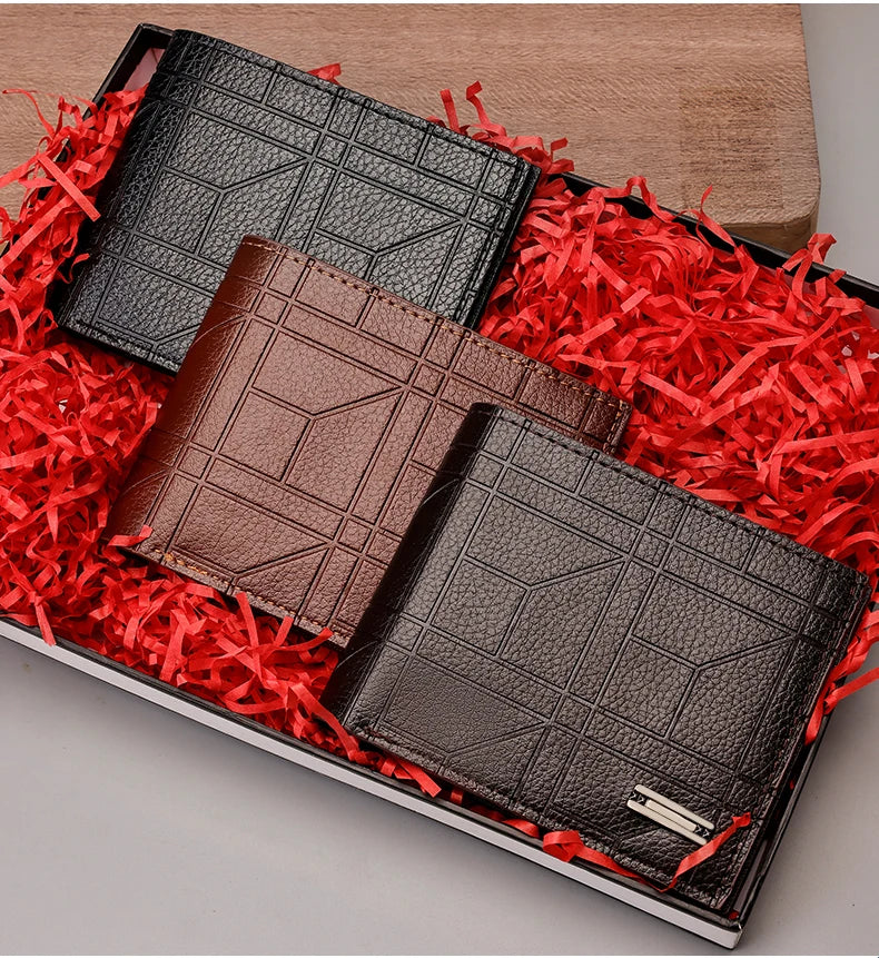 Men's Checkered PU Leather Wallet - Multi Card Slot, Business Style, Solid Color, Ideal Gift for Men