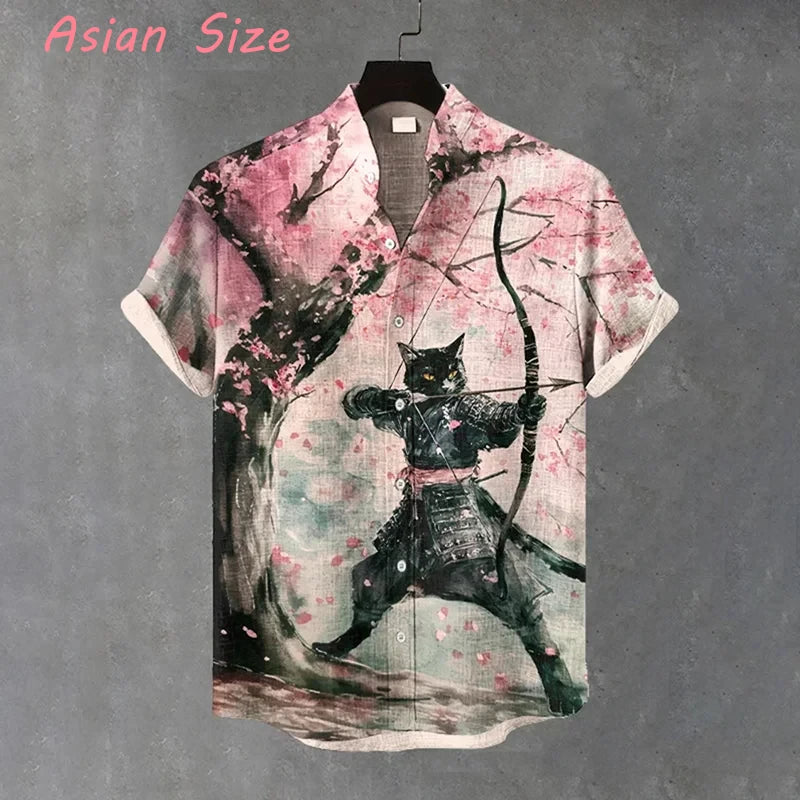 Summer Men's Retro Cartoon samurai Cat Theme Short Sleeve Shirt vintage japanese style Casual Vacation Streetwear Men's camisas
