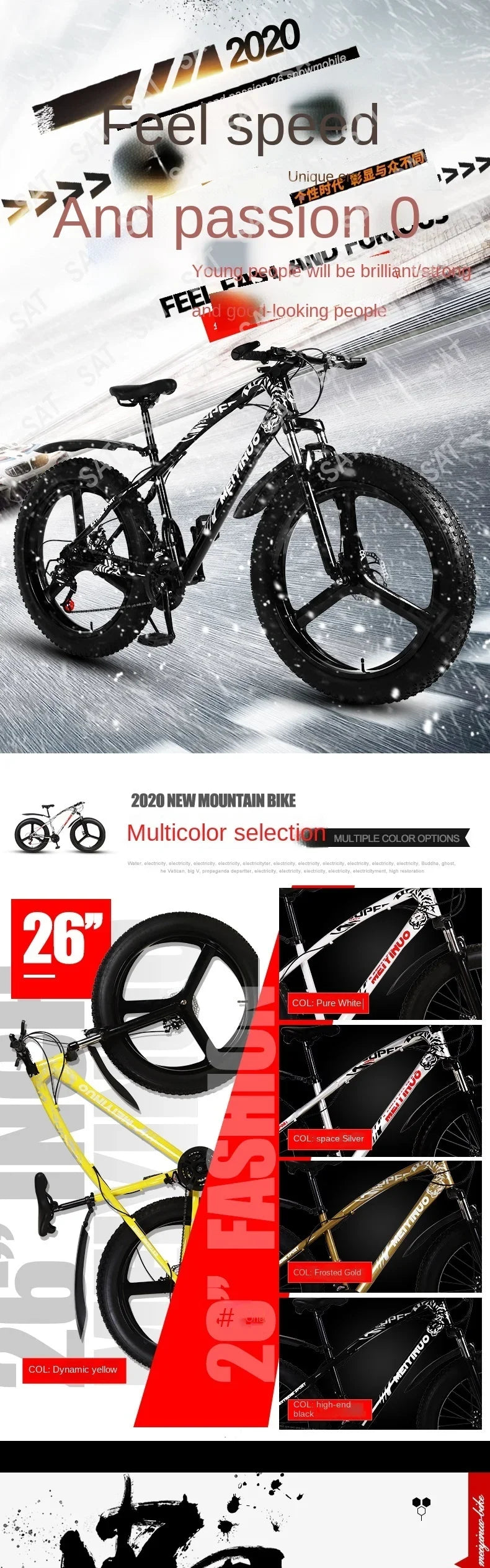 A Snowmobile 26 Inch Double Disc Wide Tires off-Road Speed Bike Adult Knight Bicycle Mountain Bike
