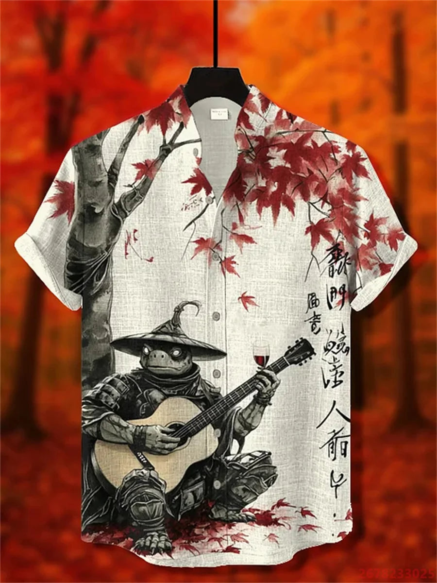 2026 New Japanese Style White Wolf Print Short-Sleeve Shirt for Men, Retro Trendy Anime Style Fashionable Cardigan Vacation Top