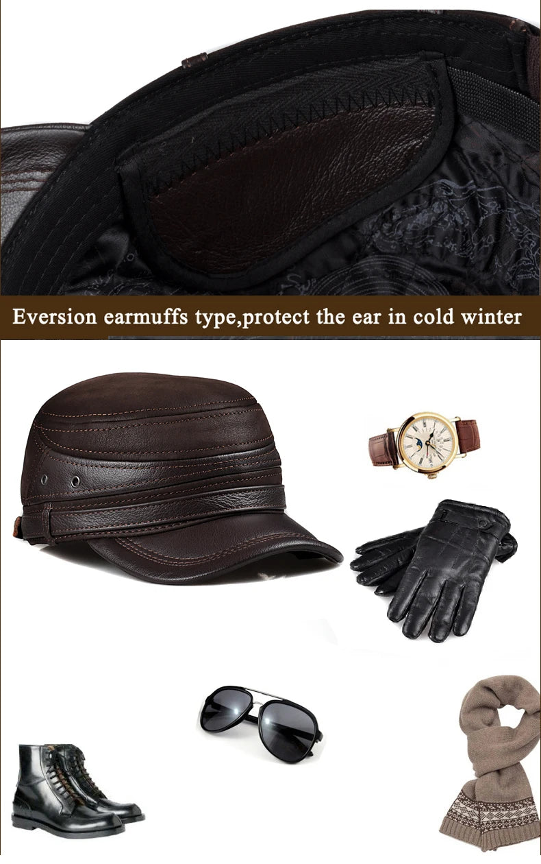 New 2024 Winter Men Genuine Leather Baseball Cap Earmuffs Flat Hat Male Keep Warm Leisure 57-60 cm Adjustable Gorro Cow Skin Cap