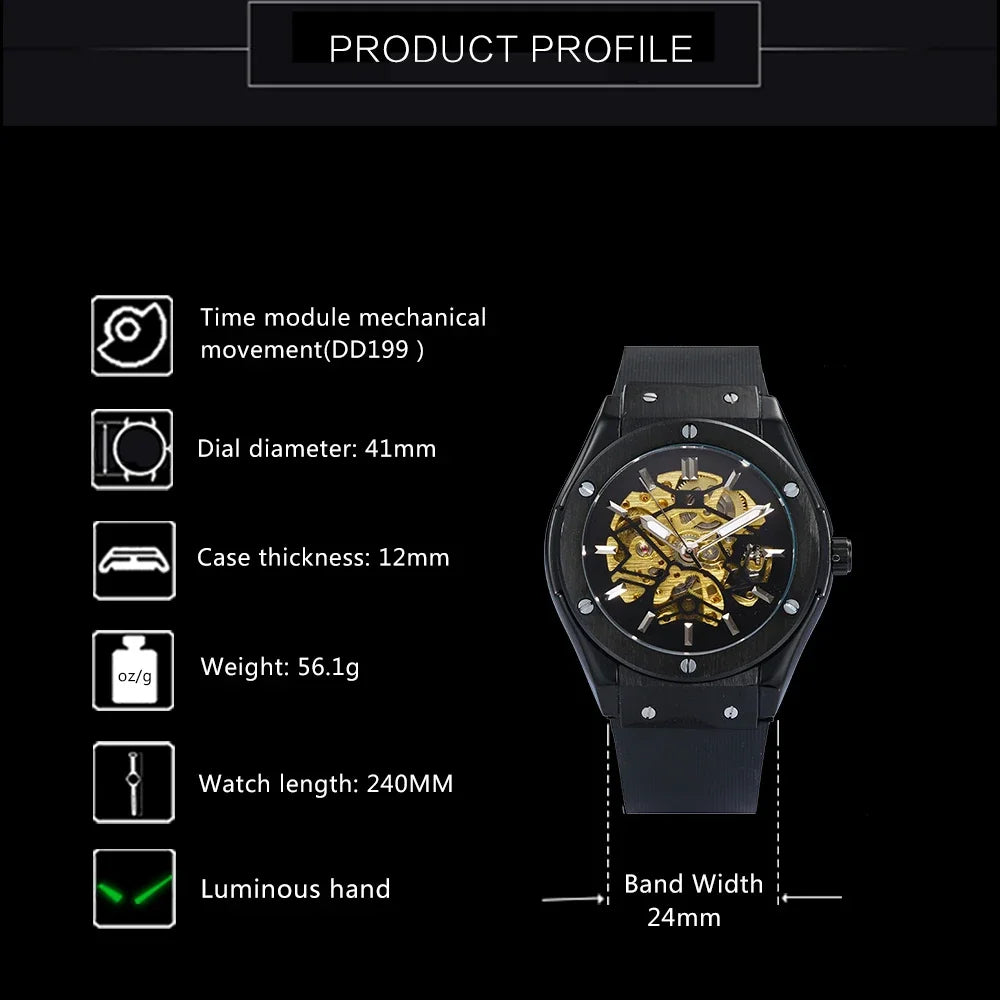 WINNER Automatic Mechanical Watch for Men Rubber Strap Skeleton Dial Male Clock Military Sports Style Wristwatch Dropshipping