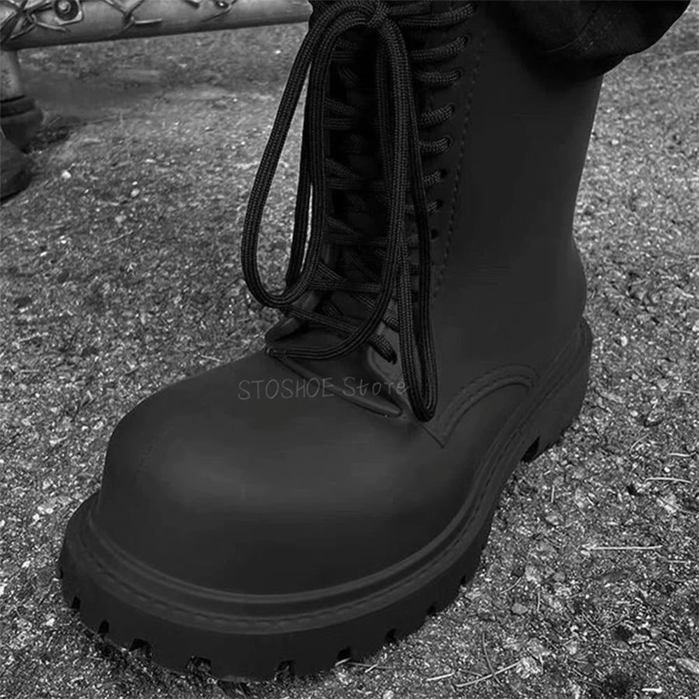 Thick Bottom Black Boots for Men New Women Derby Big Toe Lace Up Boots Chelsea Short Boots Brand Design Male Big Size 40-45