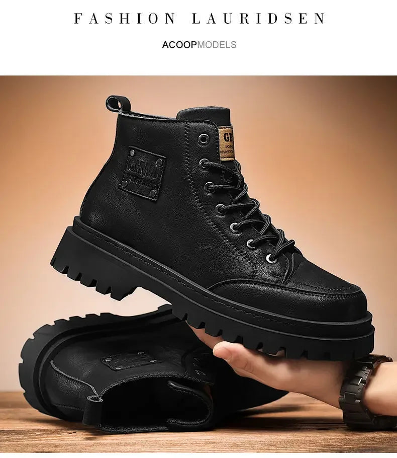 Men Boots Autumn Leather Waterproof Mid-top Sports Shoes New Fashion Ankle Boots Casual Outdoor Hiking Boots Shoes Male Sneakers