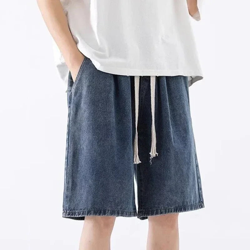 Men New Casual Shorts Male Summer Fashion Straight Leg Five Quarter Loose Fit Denim Pants High Street Wide Leg Baggy Pants