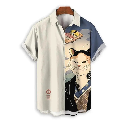 Fashion Men's Clothing Cool Samurai Cat Tops Summer New Men's Clothing Casual Short-Sleeved Anime Loose Blouse Hawaii Beaches