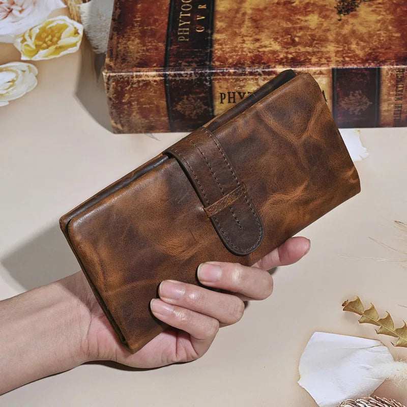 Vintage Genuine Leather Men's Long Wallet Real Cowhide Leather Long Purse Men Women Smooth Skin Leather Card Purse Anti Theft