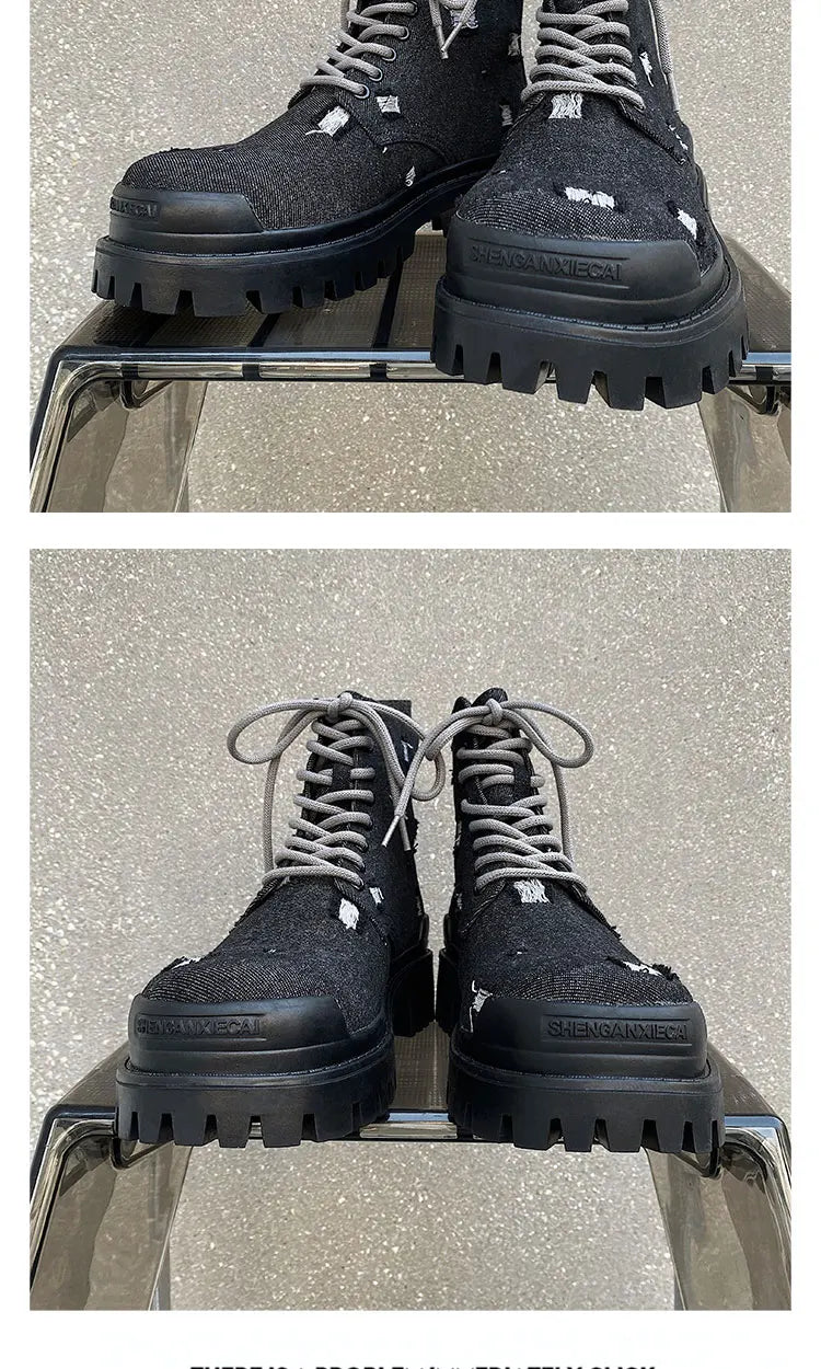 Mating boots for men new design black washed denim canvas short boots distressed style thick soled shoes Street Style