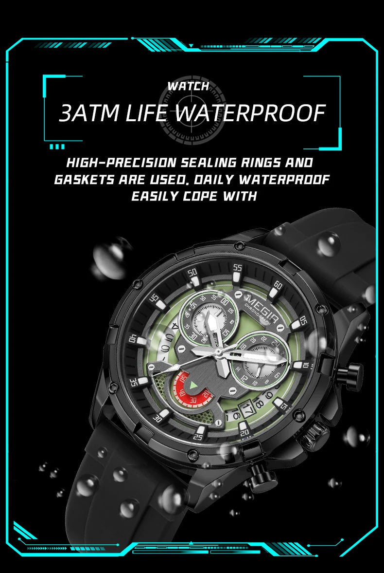 MEGIR New Sport Watches for Men Fashion Chronograph Quartz Wristwatch with Silicone Strap Luminous Hands Calendar Waterproof