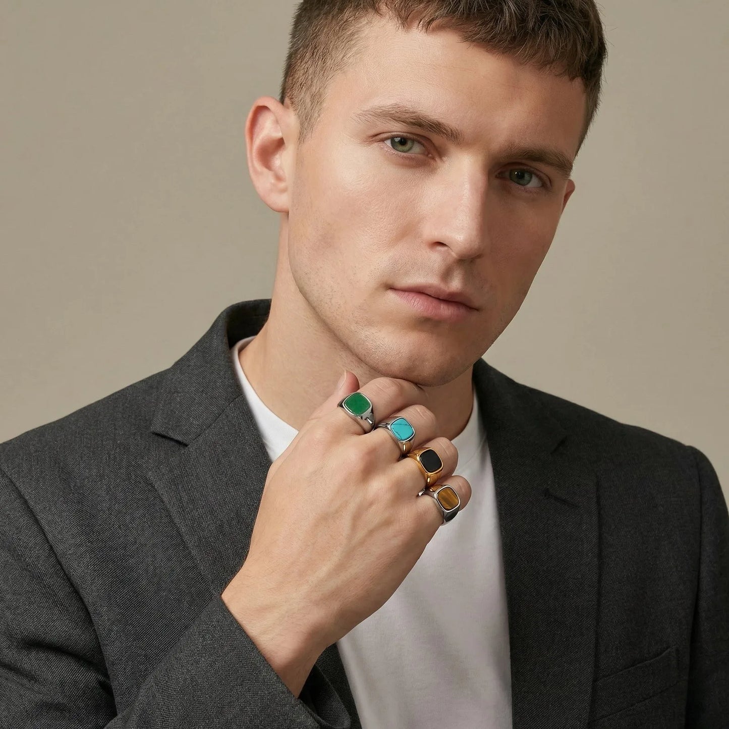 Stylish Square Natural Stone Ring for Men,Waterproof Stainless Steel Signet Ring,Birthday Party Gift for Him Dad