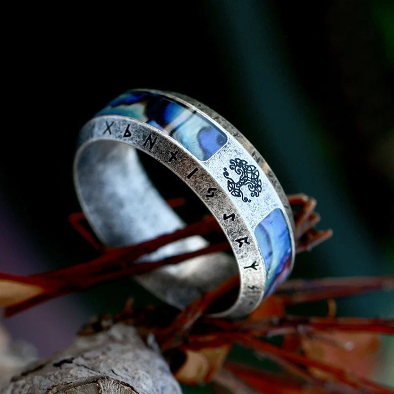 Fashion Viking Tree Of Life Stainless Steel Abalone Shell Rings For Men Odin Norse Viking Rune Rings Retro Amulet Jewelry Gift