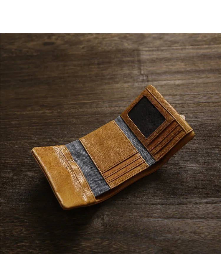 2025 Handmade Wallet Men's Short Leather Triple Fold Money Clip Cowhide Youth Buckle Student Vertical Vegetable Tanned Leather