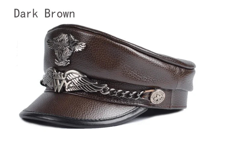 Unisex German Military Cap Man Genuine Leather Flat Top Hat Korean Fashion Eagle Mark Chain Punk Locomotive Casquette Male