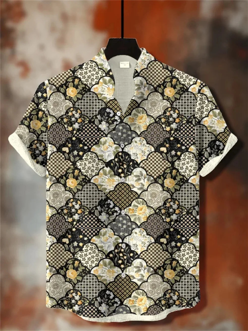 Men's Hawaiian Stand up Collar Printed Linen Shirt Casual Vacation Outdoor Breathable Loose plus Size Top