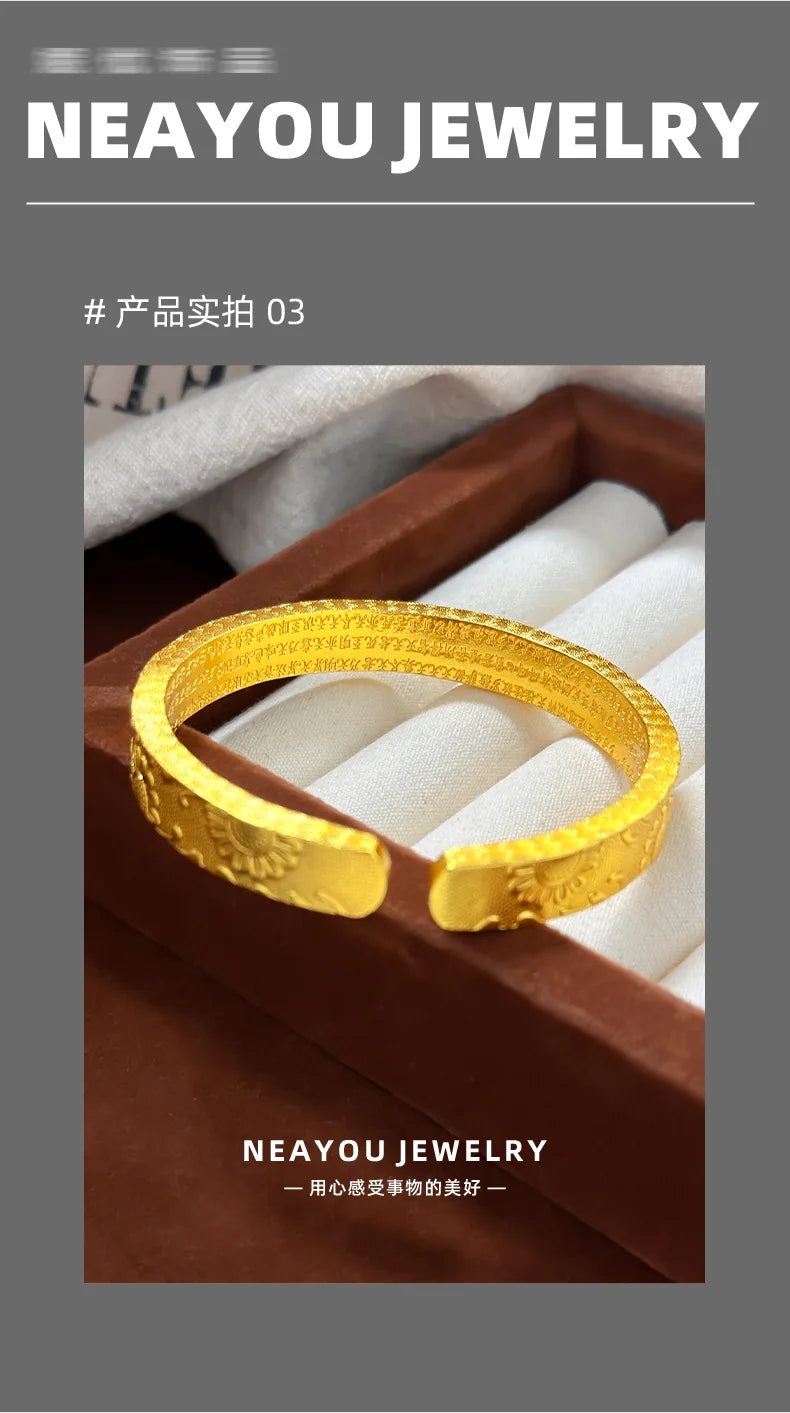 Real 9999 24k Gold Design Is Thickened and Wide, Facing the Sunflower and Engraved with the Heart Sutra, Open Bracelet Bracelet.