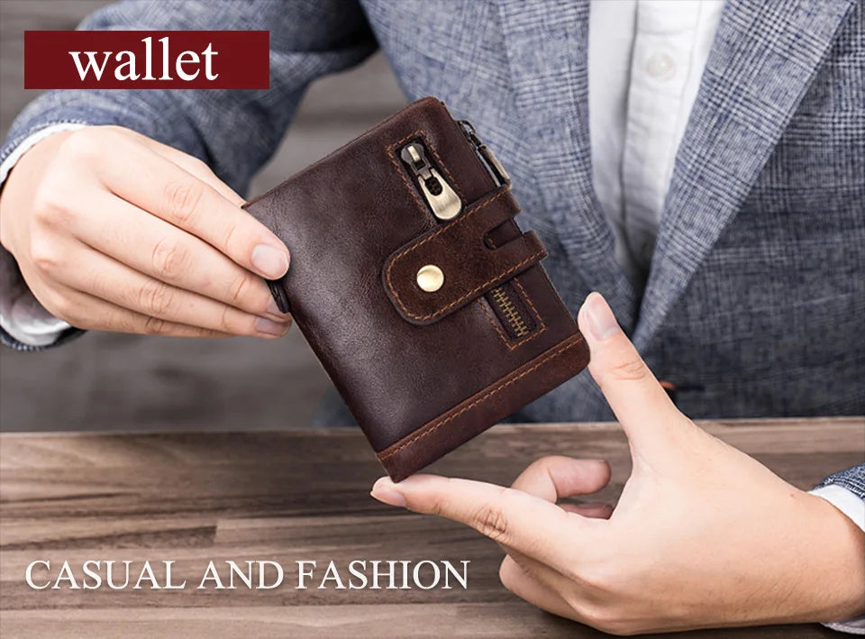 LAREET Fashion Genuine Leather Wallet With Cowhide For Men Money Card Holder Purse RFID Short Double Zipper Coin Pocket Bifold