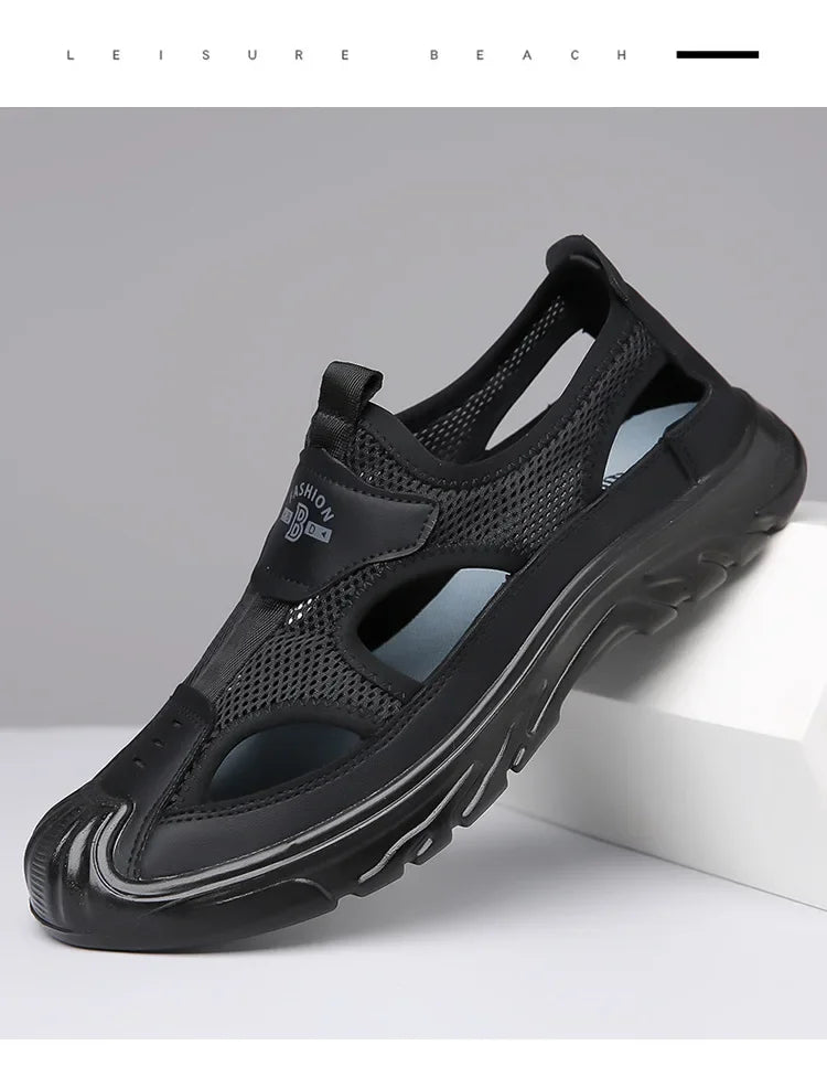 2025 Summer Beach Sandals for Men New Hollow Men's Sandals Outdoor Breathable Mens Bag Head Mesh Casual Shoes Zapatillas Hombre