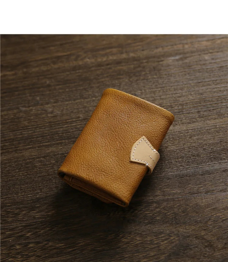 2025 Handmade Wallet Men's Short Leather Triple Fold Money Clip Cowhide Youth Buckle Student Vertical Vegetable Tanned Leather