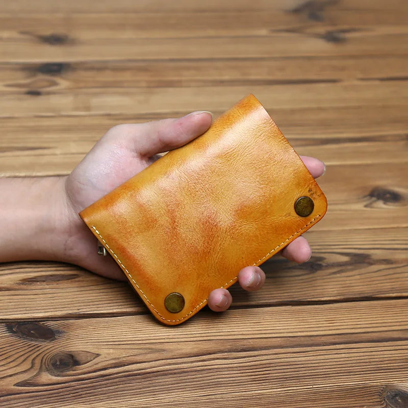 Retro Handmade Leather Wallet for Ladies Top Layer Cowhide Men's Short Wallet Wiping Color Buckle Bag Vertical Credit Card Bag