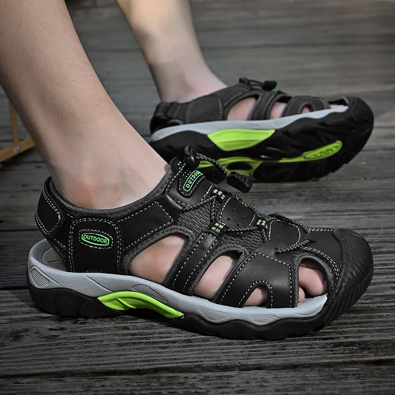 2024 Men Genuine Leather Shoes Men's Sandals Durable Handmade Stitching Close Toe Non Slip Footwear for Indoor Outdoor Beach
