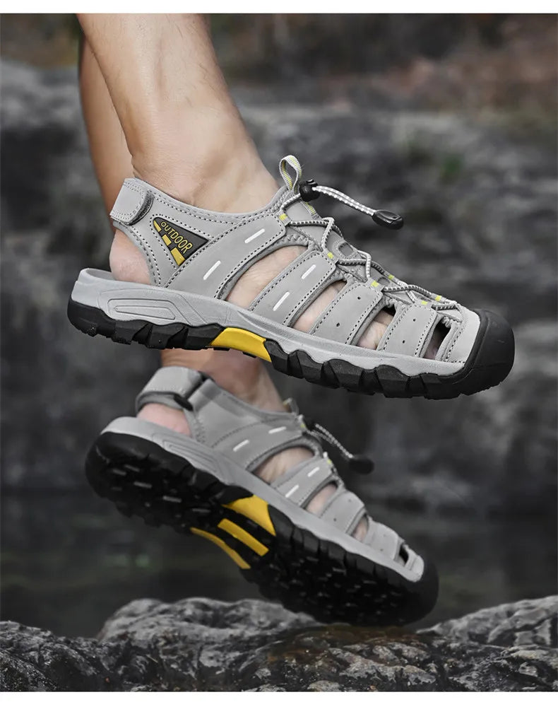 Summer Genuine Leather Men's Sandals Classic Breathable Slip-On Sandals Men Outdoor Casual Beach Sandals Sneakers Plus Size 46
