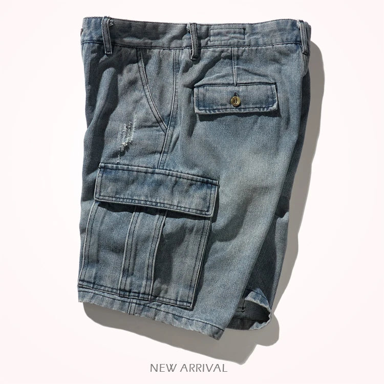 Shorts for denim men's tooling, cat's whiskers, straight pants, old retro pants, versatile multi-bag pants.