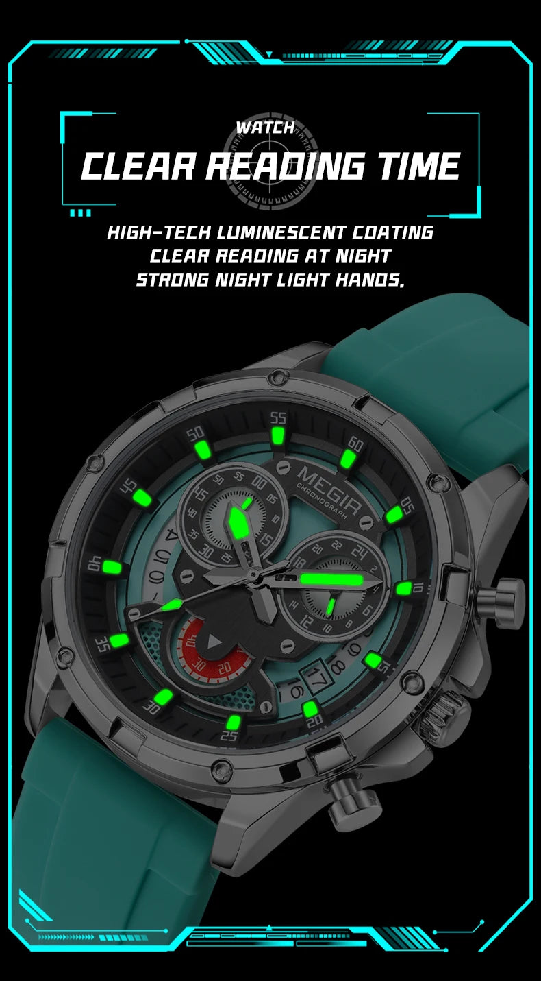 MEGIR New Sport Watches for Men Fashion Chronograph Quartz Wristwatch with Silicone Strap Luminous Hands Calendar Waterproof