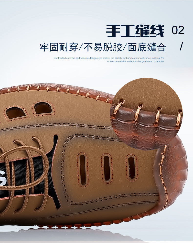 Men's Soft Leather 2024 Summer Men Leather Sandals Breathable Non-slip Cow Tendon Sole Casual Leather Shoes Outdoor Beach Shoes