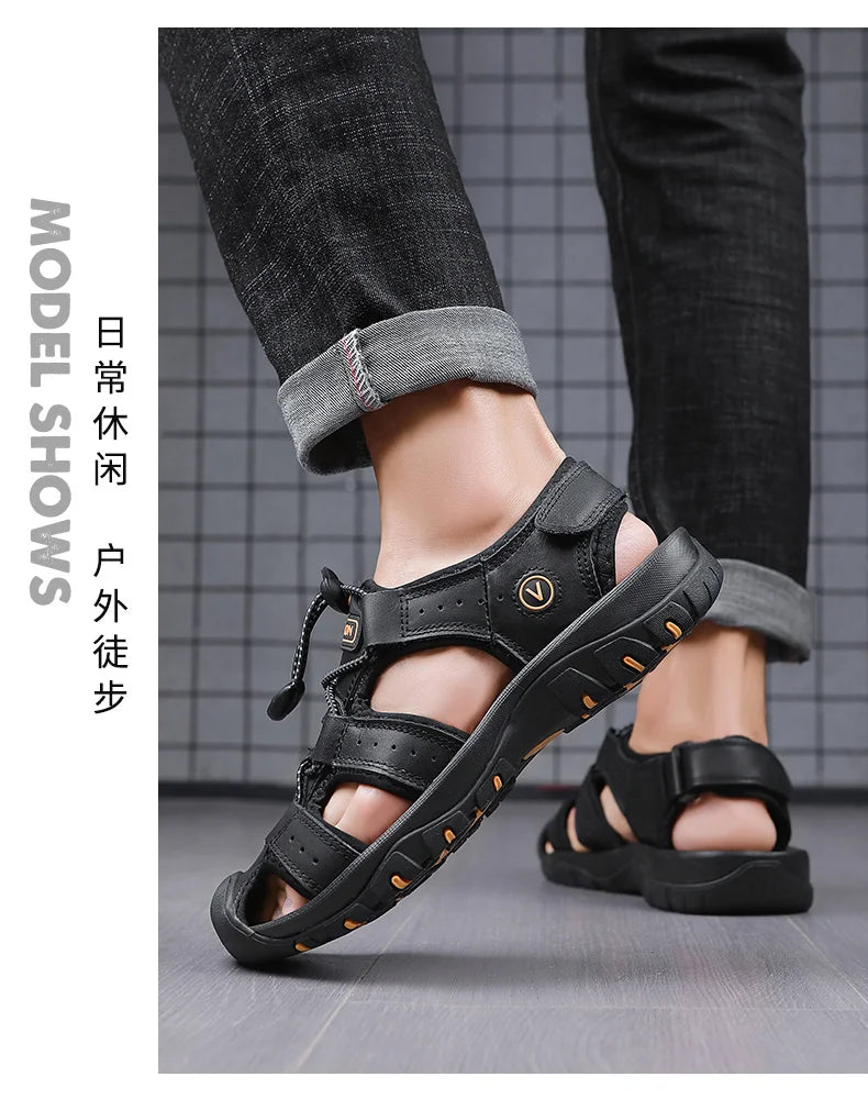2025 Summer Men Sandals Leather Mens Casual Shoes Breathable Outdoor Sandals for Men Beach Shoes Slippers Fashion Roman Shoes