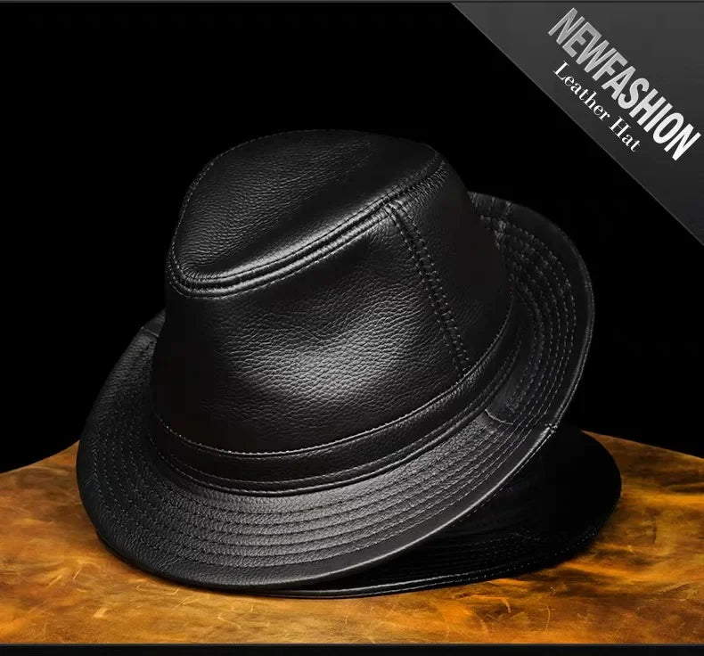 Retro Genuine Leather Cowhide Gentleman Fedoras Hat for Men Travel Warm Autumn Winter Top Hat