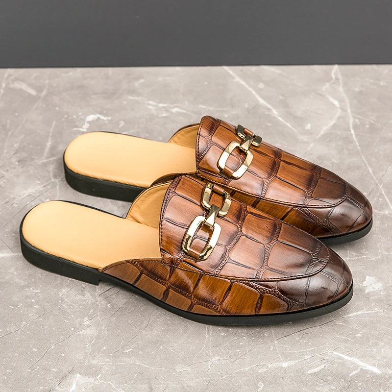 2024 New Luxury Designer Men's Casual Bling Leather Loafers Italian for Men Half Shoes Mules Male Black Slides Business Slippers