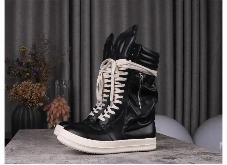Women's Boots Leather Shoes for Man Motorcycle Boots High-tops Men's Casual Shoes Fashion Black Women's Sneakers