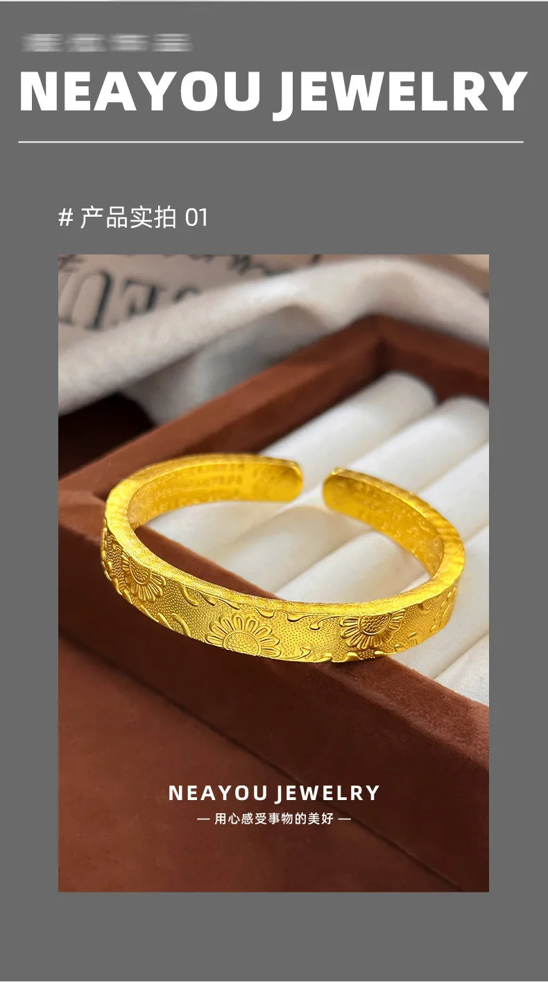 Real 9999 24k Gold Design Is Thickened and Wide, Facing the Sunflower and Engraved with the Heart Sutra, Open Bracelet Bracelet.
