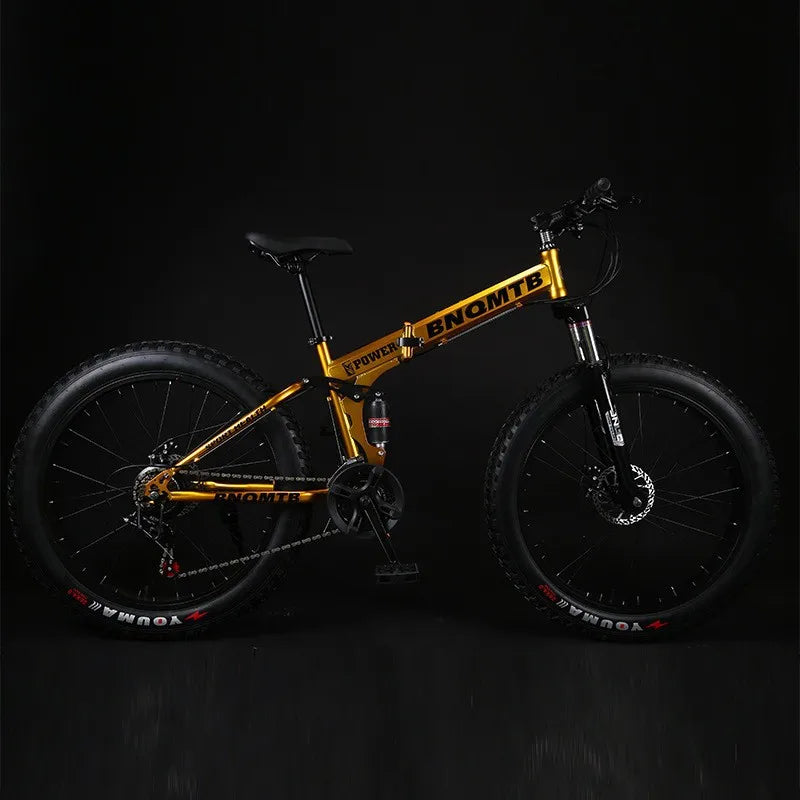 Folding Snow Mountain Bike High Carbon Steel Frame Dual Disc Brakes Soft Tail Design 4.0 Tire Width Wheels 7-Speed